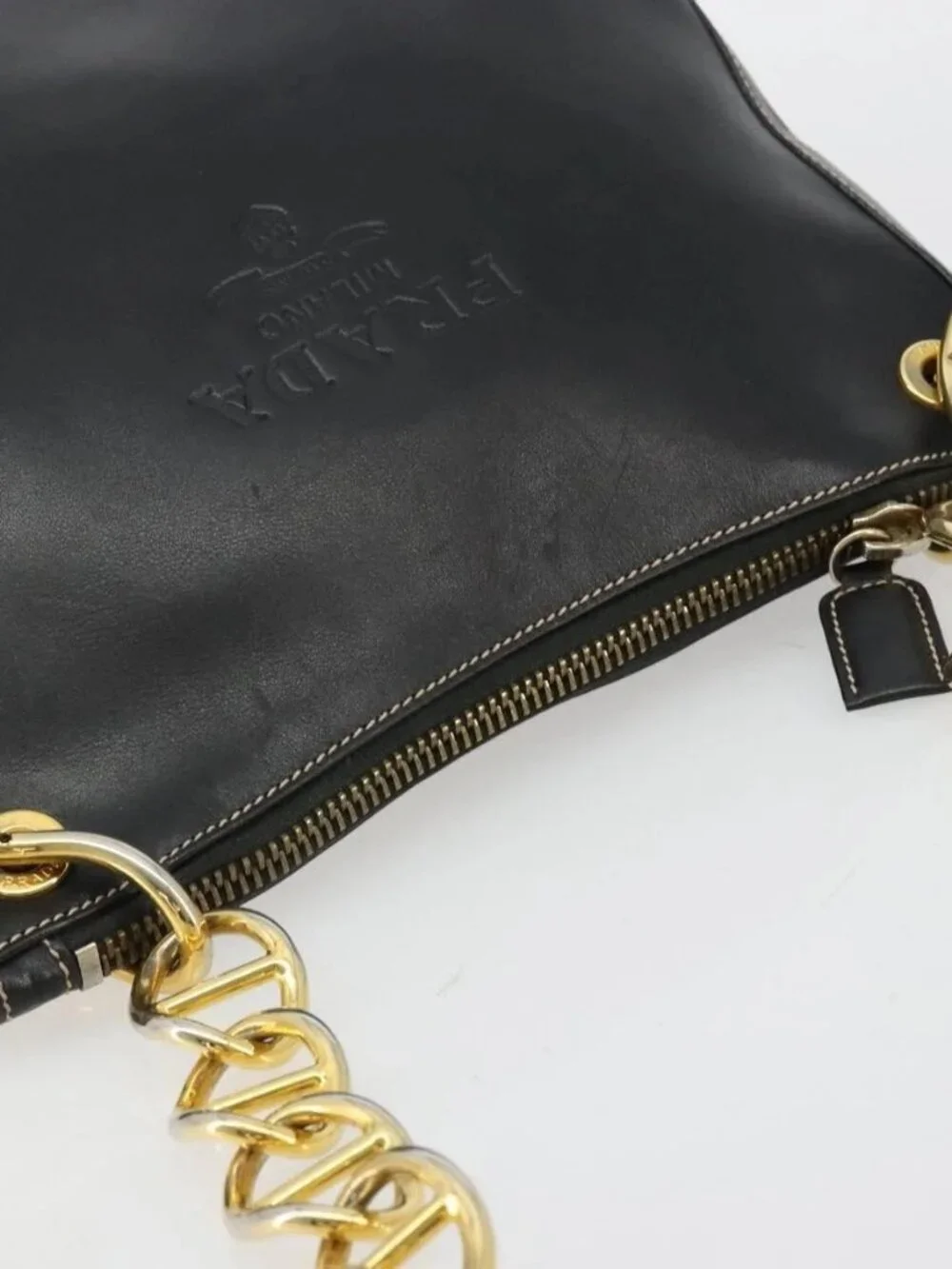 PRADA Chain Shoulder Bag Leather Black Gold Auth
